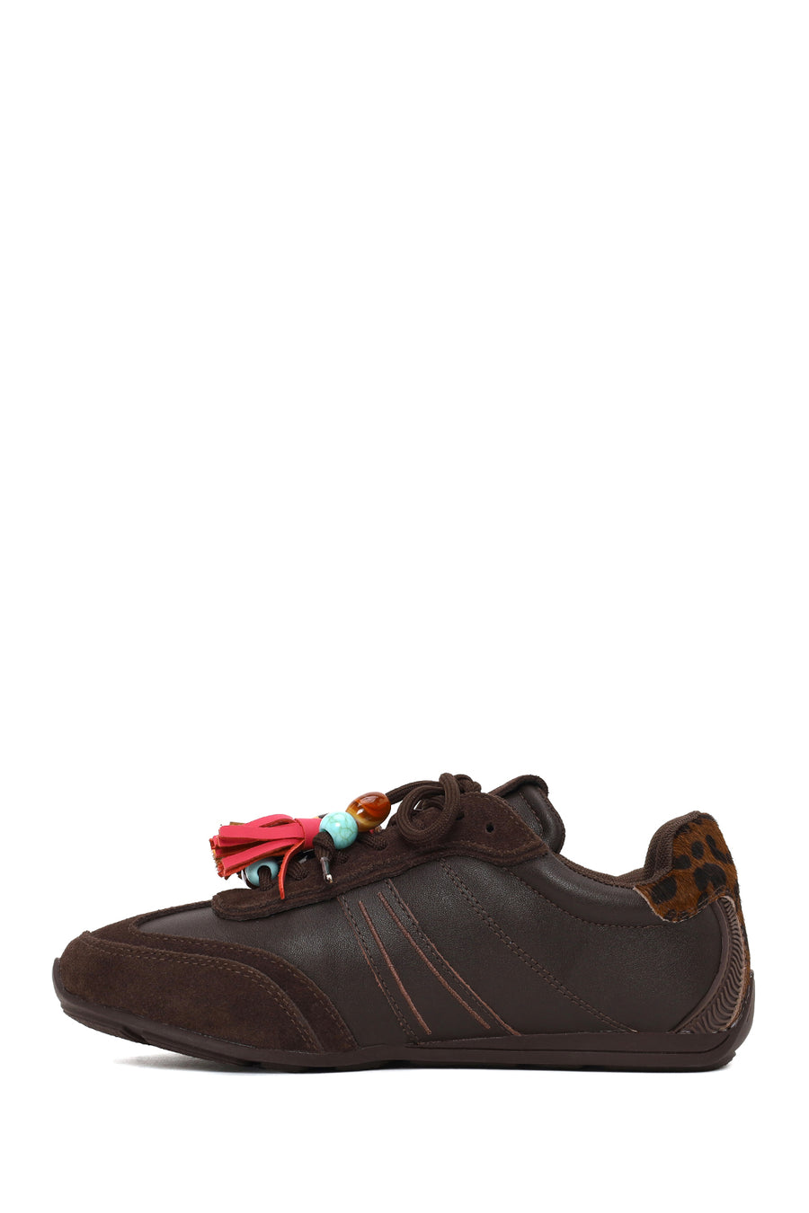 Woman Brown Lace-Up Leopard Leather Sneaker with Charm