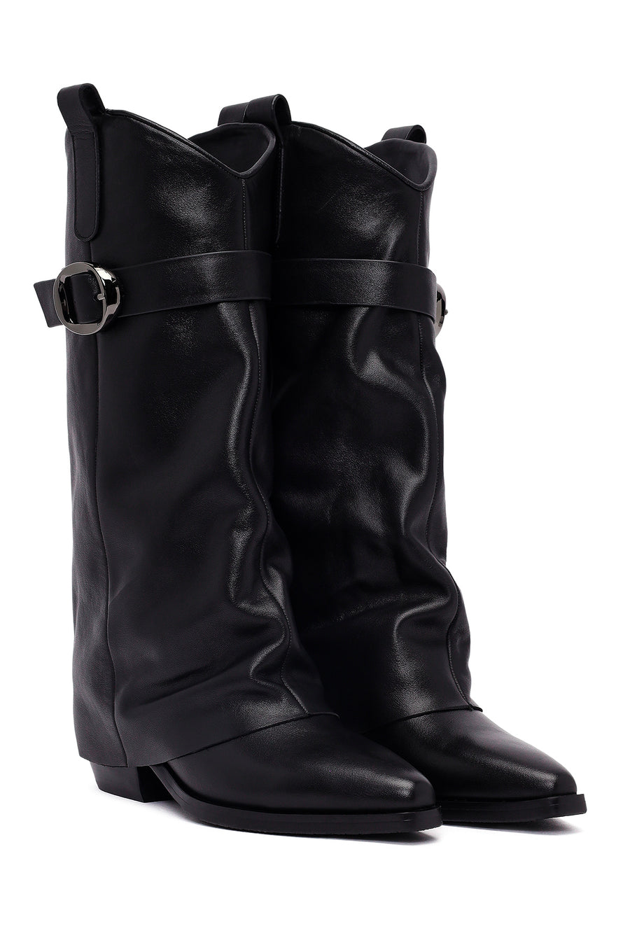 Women's Black Buckled Thick Heeled Leather Boot