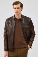 Kawhi Men's Brown Slim-Fit Embroidered Leather Coat | Derimod