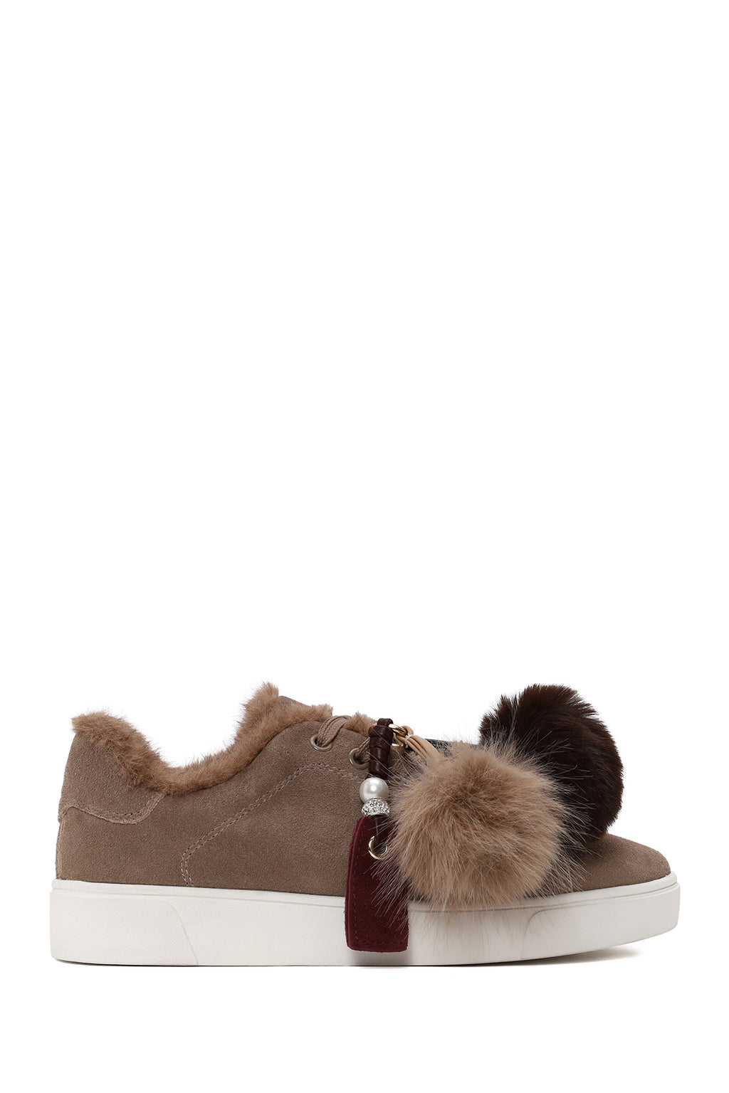 Kadın Vizon Bağcıklı Charmlı Süet Deri Teddy Sneaker