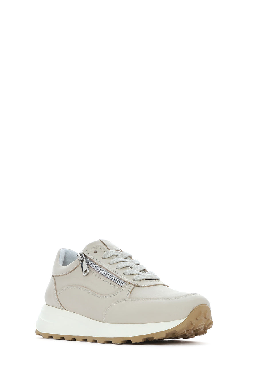 Kadın Bej Bağcıklı Yandan Fermuarlı Deri Sneaker