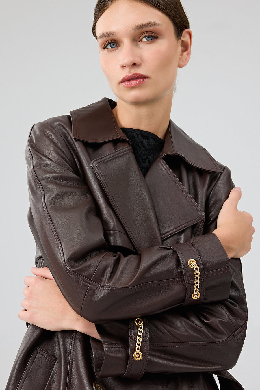 Jenny -X Women's Brown Belt Detailed Leather Trench Coat