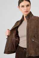 Gina Women's Brown Stand Collar Oversize Short Suede Leather Jacket | Derimod