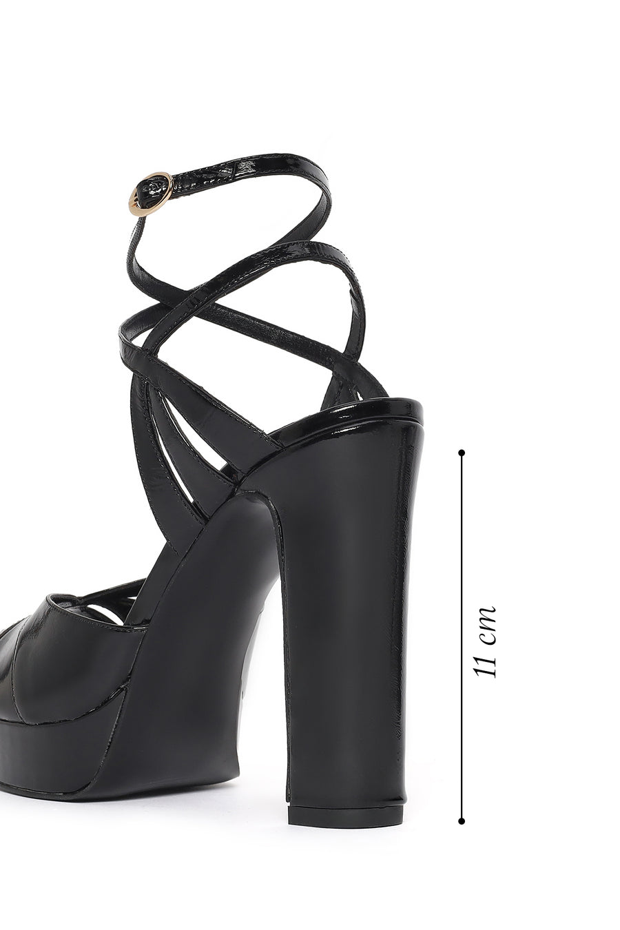 Women's Black Ankle Buckle Platform Thick High Heel Patent Leather Sandals