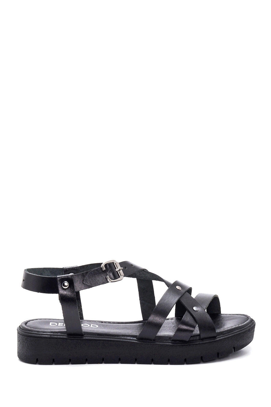 Women's Black Leather Flat Bodrum Sandals 22SFD331918 | Derimod