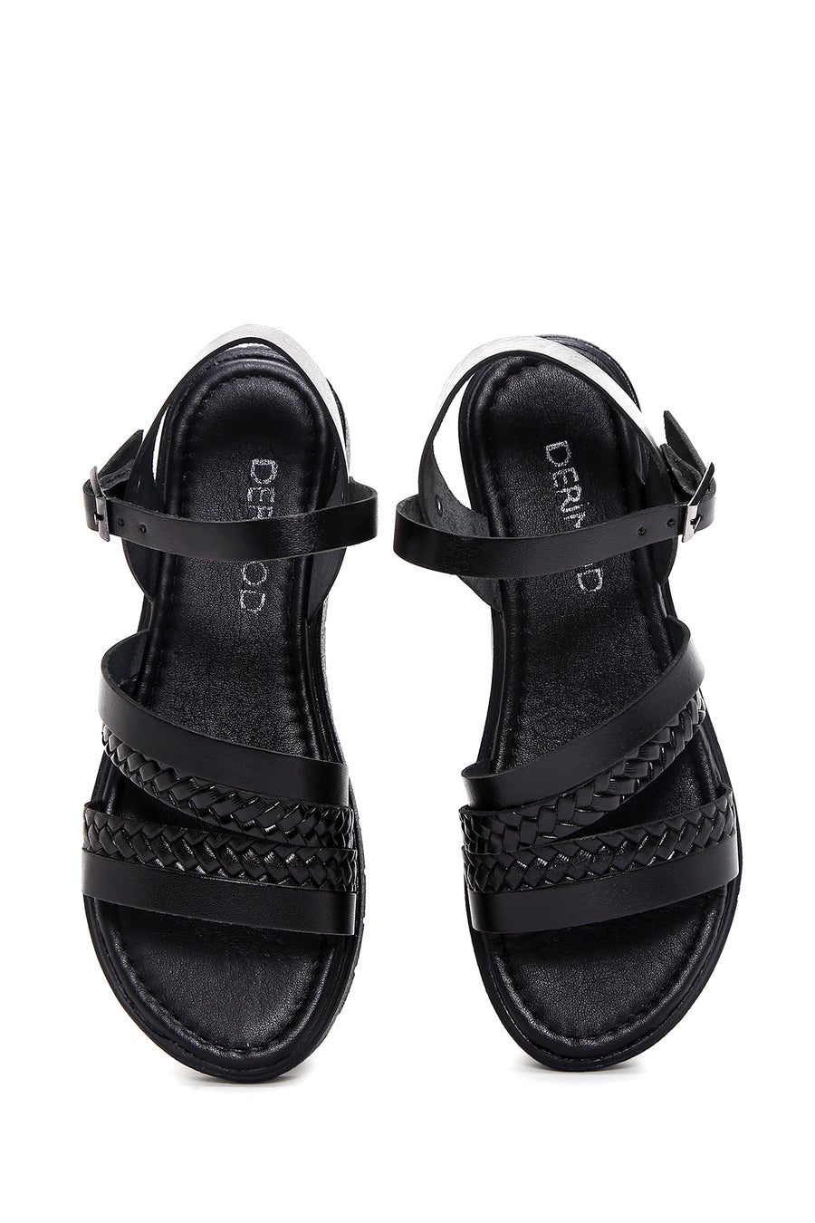 Women's Black Thick Soled Knitted Detailed Leather Bodrum Sandals