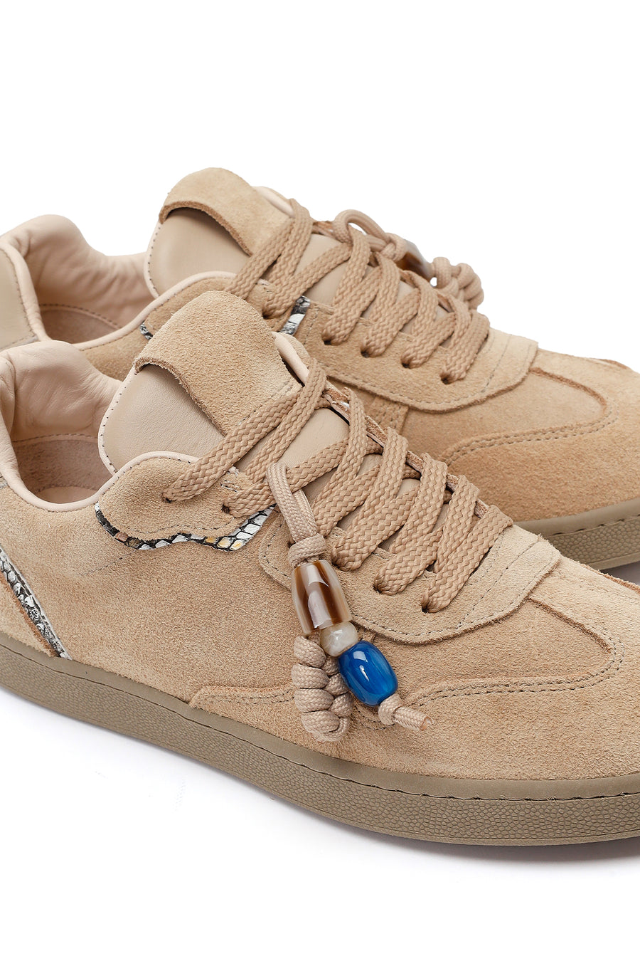 Woman Beige Lace-up Suede Leather Sneaker