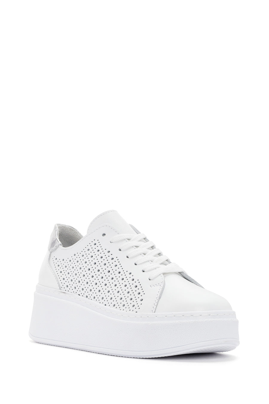 Women's White Thick Sole Lace Up Leather Sneaker