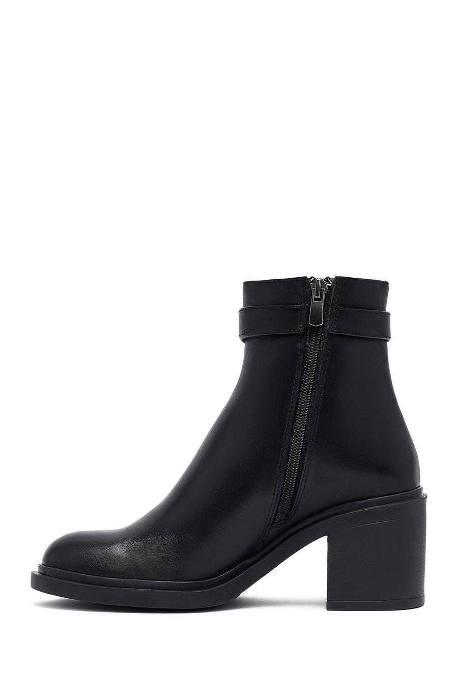 Woman Black Zippered Chunky Heels Leather Boat