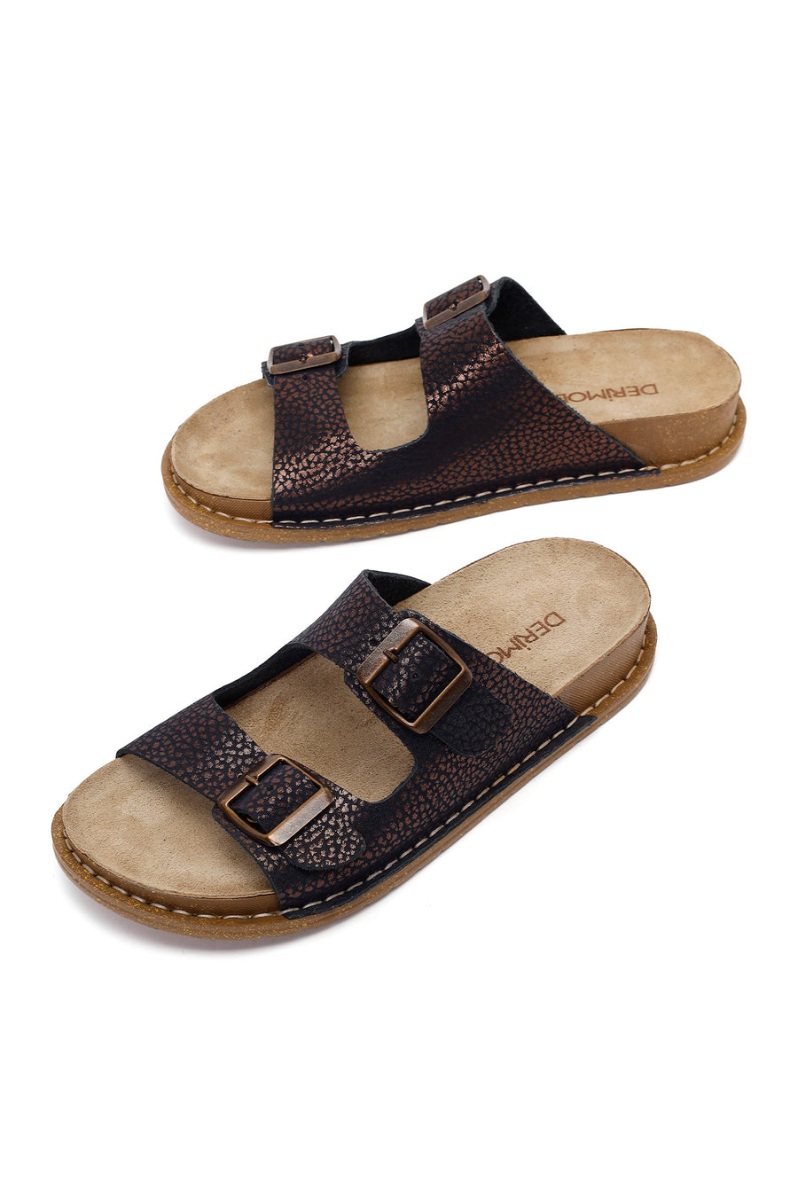 Woman Brown Patterned Glittery Leather Slipper