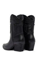 Woman Black Short Chunky Heel Leather Cowboy Boots | Derimod