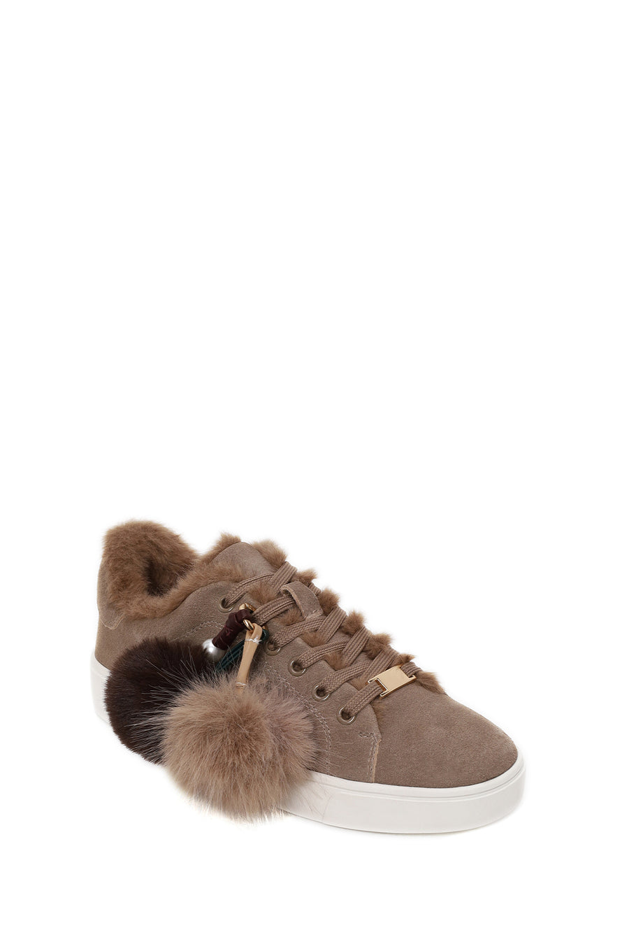 Kadın Vizon Bağcıklı Charmlı Süet Deri Teddy Sneaker