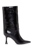 Women's Black Leather Patent Leather Thin Heeled Boots | Derimod