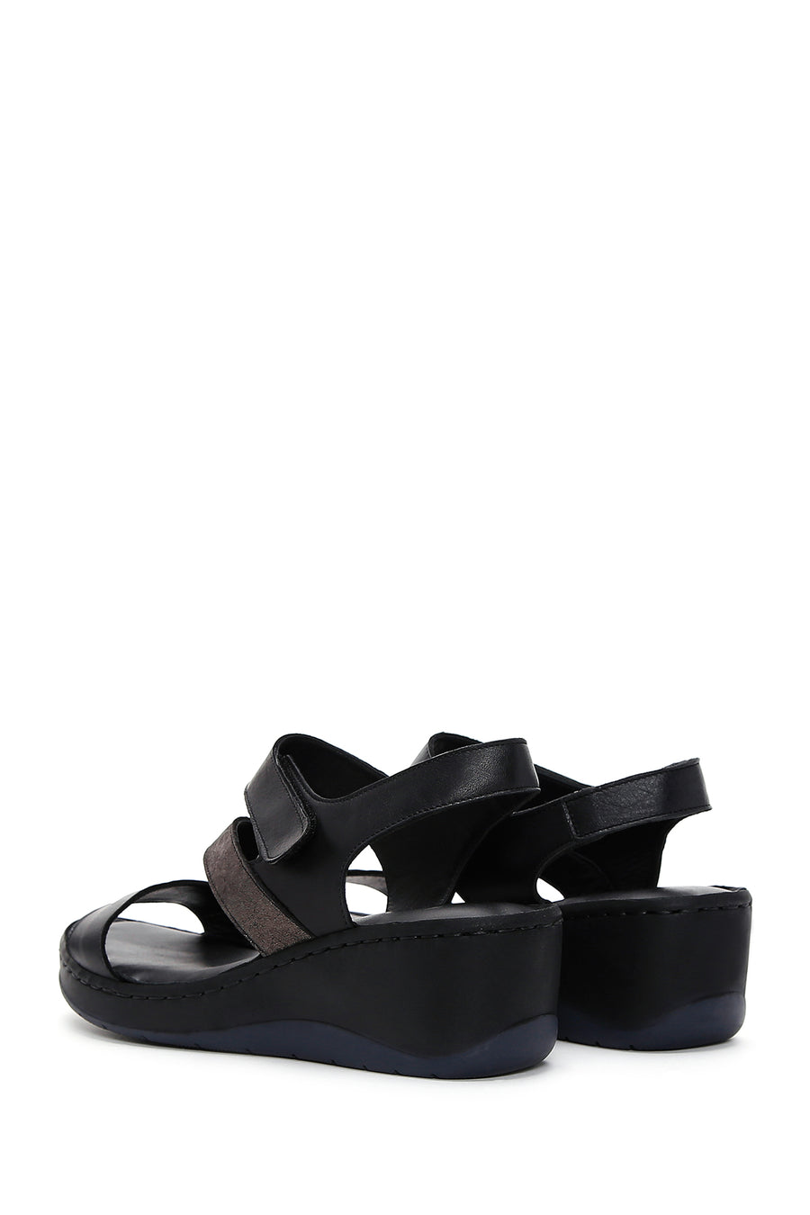 Women's Black Leather Wedge Heel Comfort Sandals