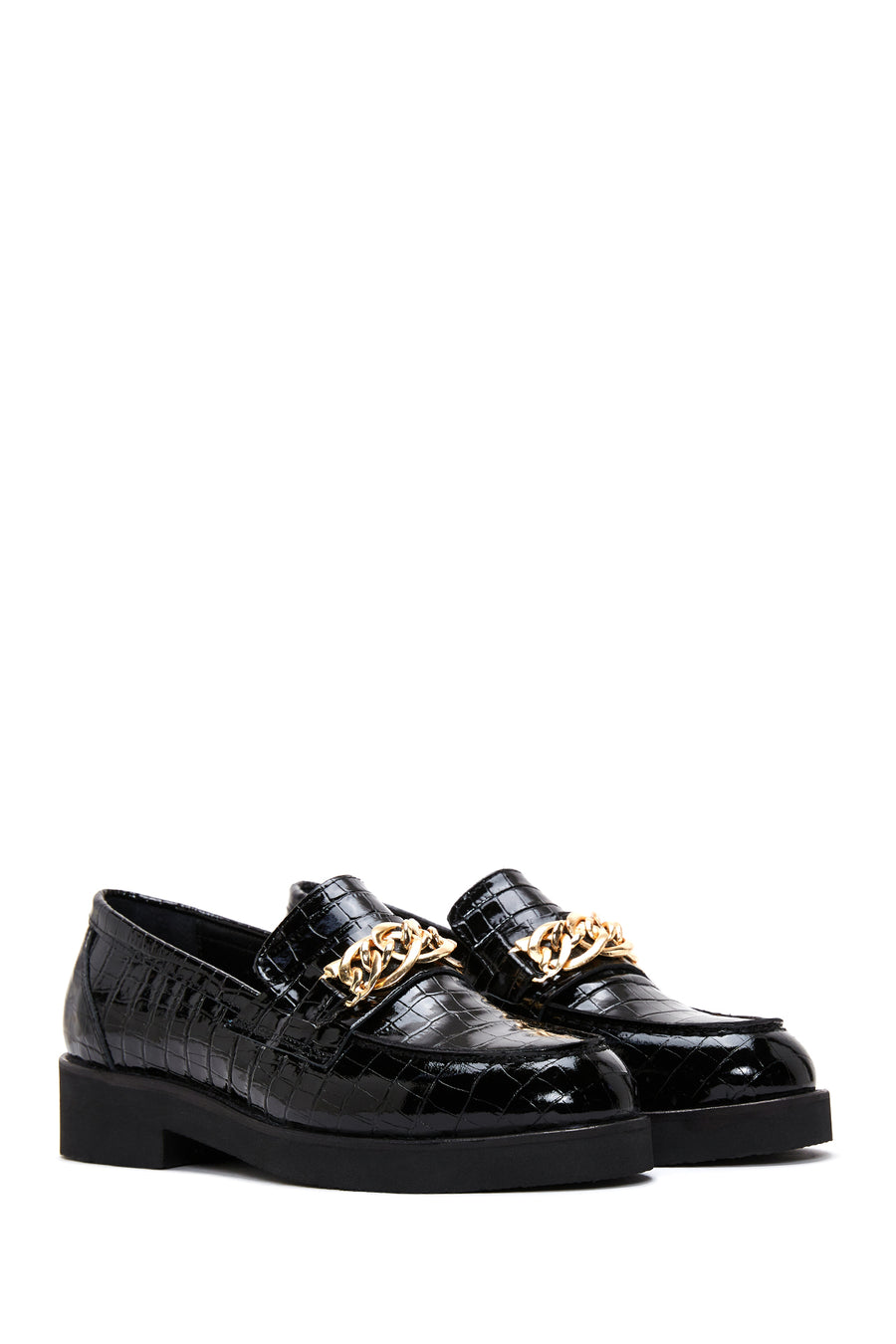 Women's Black Leather Crocodile Loafer