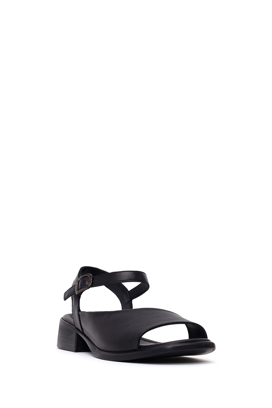 Woman Black Ankle-Buckle Low-Heel Leather Sandals