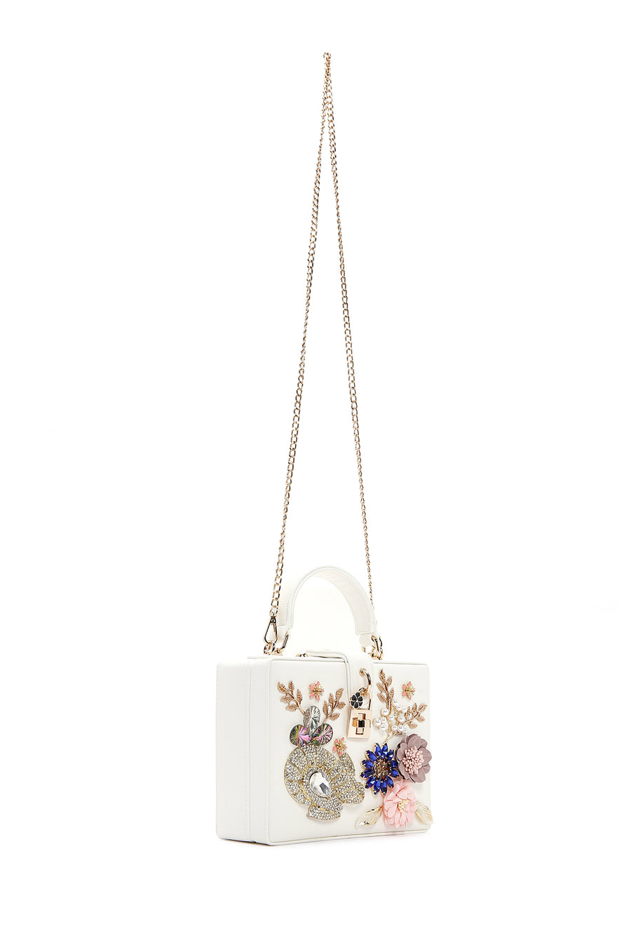 Women's White Long Chain Strap Stone Box Mini Crossbody Bag