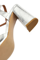 Women's Silver Ankle Buckle Chunky Heel Metallic Leather Sandals | Derimod