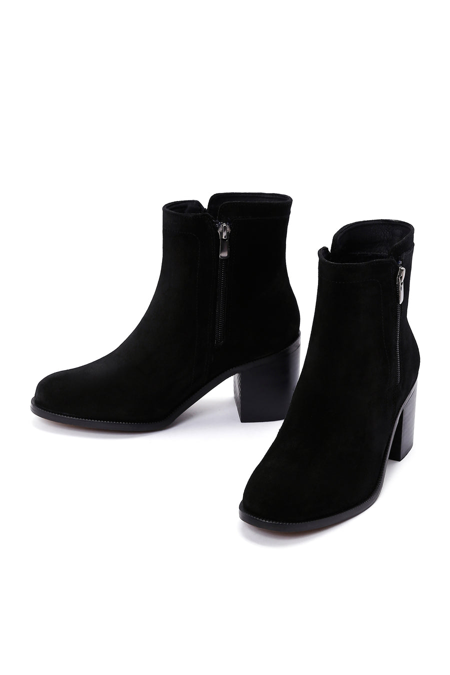 Women's Black Zippered Thick Heel Suede Leather Boots