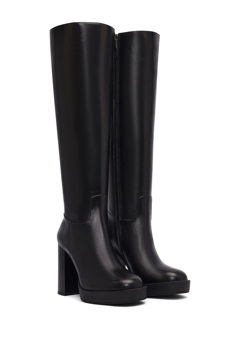 Woman Black Zippered High Heels Leather Boot
