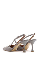 Women's Grey Slingback Suede Leather Thin Heeled Shoes | Derimod