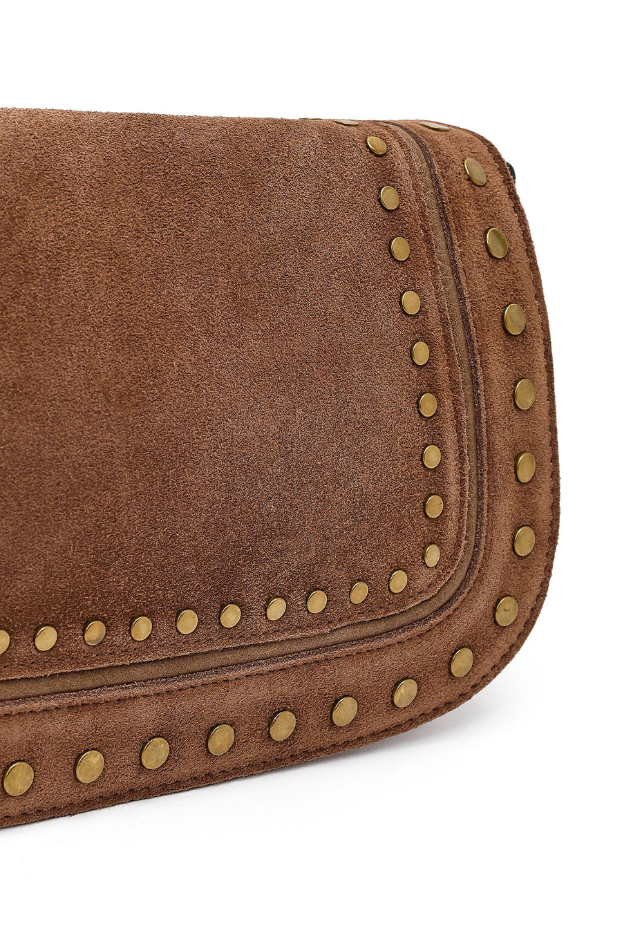 Woman Tan Long-Strap Studded Suede Crossbody Bag