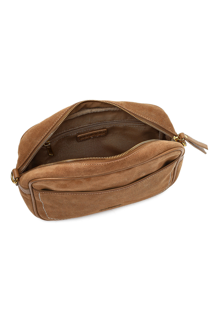 Woman Tan Long-Strap Suede Crossbody Bag
