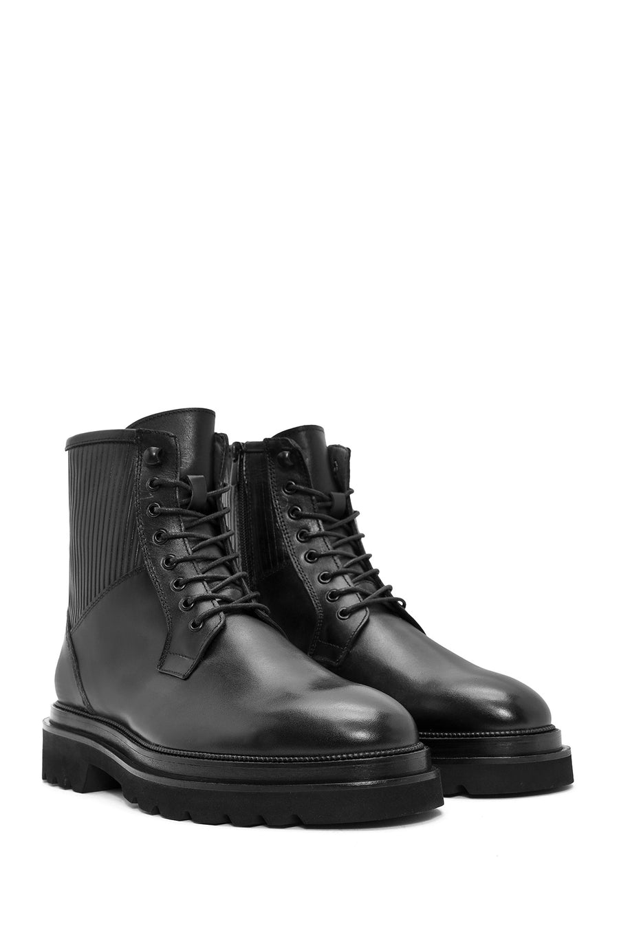 Men's Black Lace-Up Zipper Detailed Leather Casual Boots