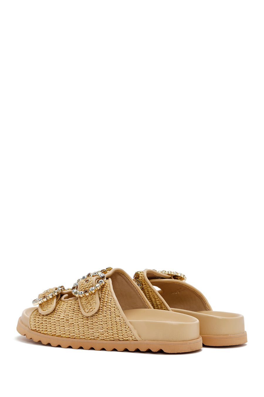 Women's Beige Straw Stone Slippers