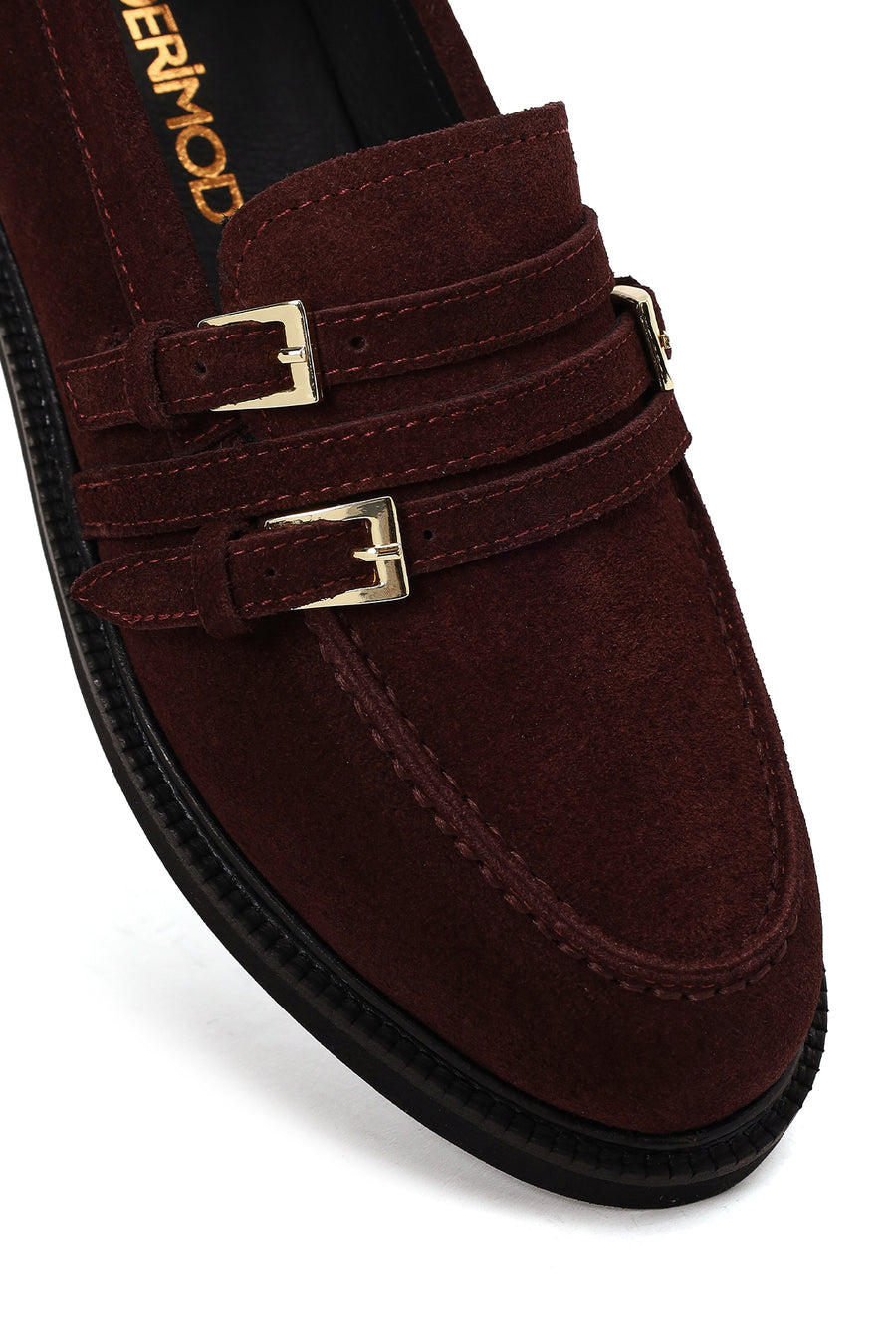 Kadın Bordo Tokalı Süet Deri Maskülen Loafer