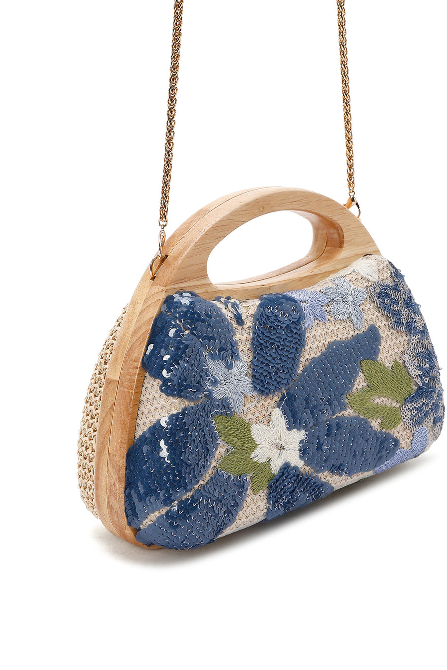 Women's Blue Long Strap Sequin Patterned Mini Box Clutch Bag