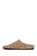 Women's Beige Patterned Suede Leather Slippers | Derimod