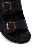 Male Black Double-Buckle Nubuck Leather Slipper | Derimod