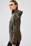Jessica Women's Khaki Hooded Leather Jacket | Derimod
