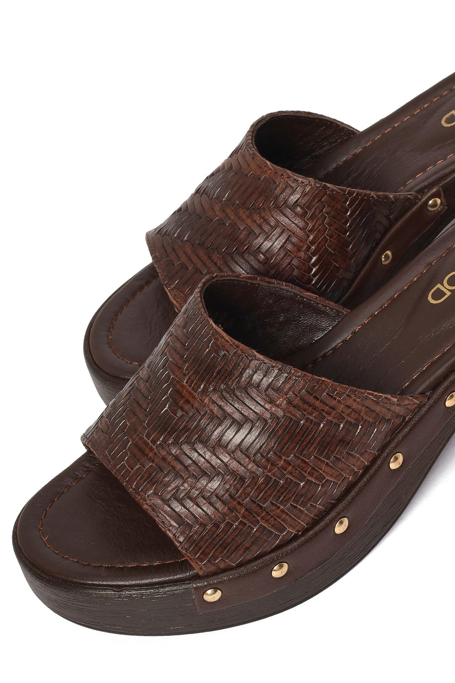 Women's Brown Patterned Short Chunky Heel Leather Slippers
