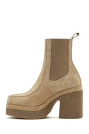 Women's Beige Thick Heeled Suede Leather Chelsea Boots | Derimod