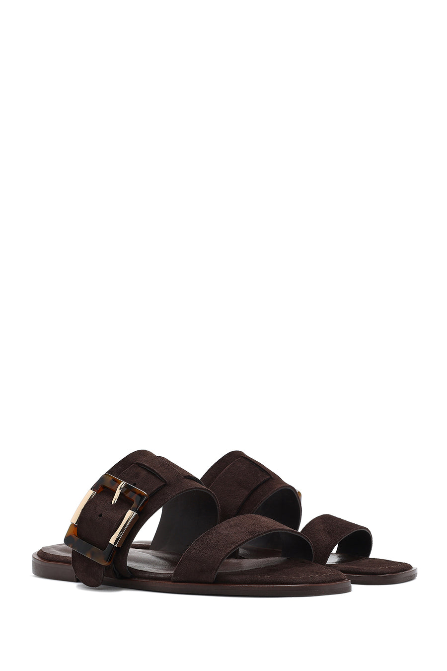 Women's Brown Buckled Suede Leather Slippers