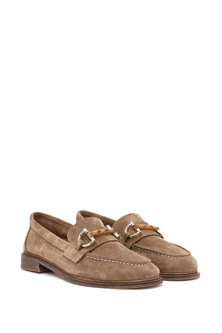 Women's Tan Buckle Detailed Suede Leather Masculine Loafer