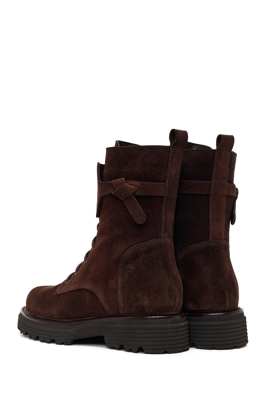 Woman Brown Lace-Up Zip Closure Suede Combat Boots