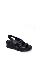 Woman Black Wedge Heel Leather Comfort Sandal | Derimod