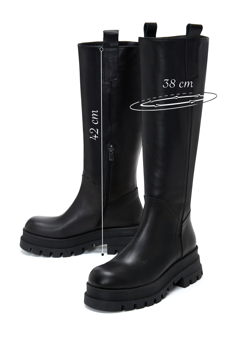 Women's Black Leather Zippered Thick Soled Boots