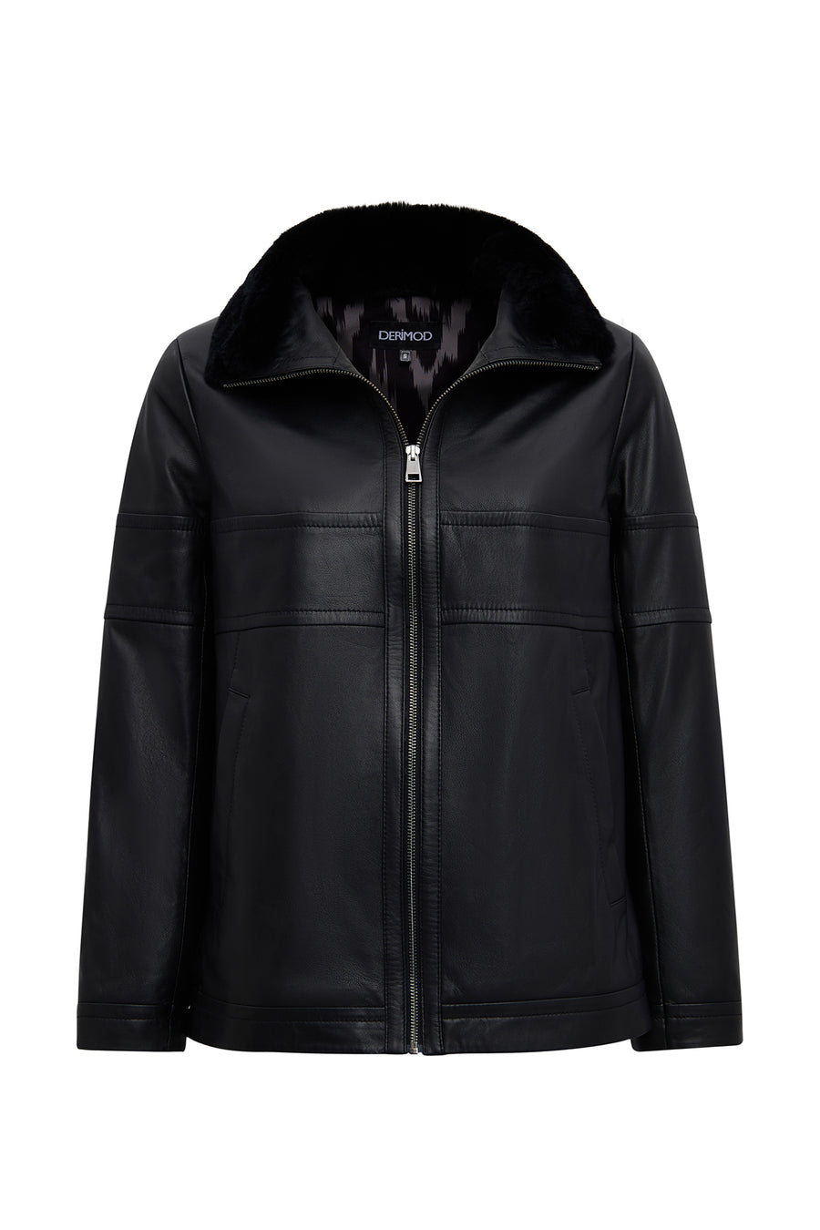 Diana Women's Black Oversize Leather Coat with Fur Collar