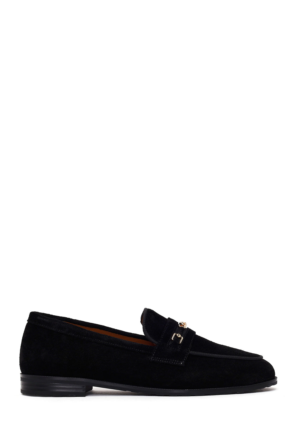 Kadın Siyah Tokalı Süet Deri Maskülen Loafer