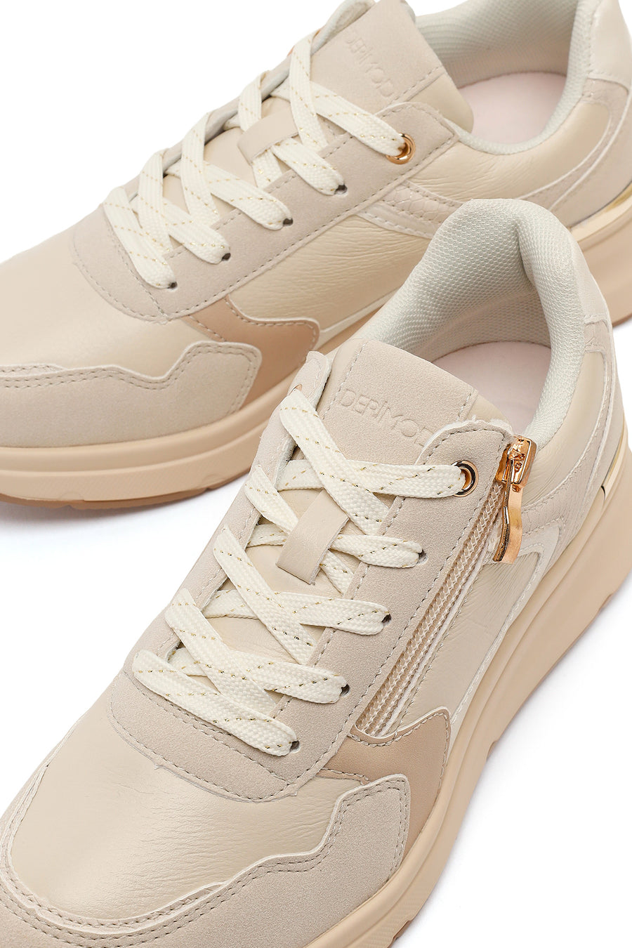 Woman Beige Side-Zip Lace-Up Chunky Platform Sneakers