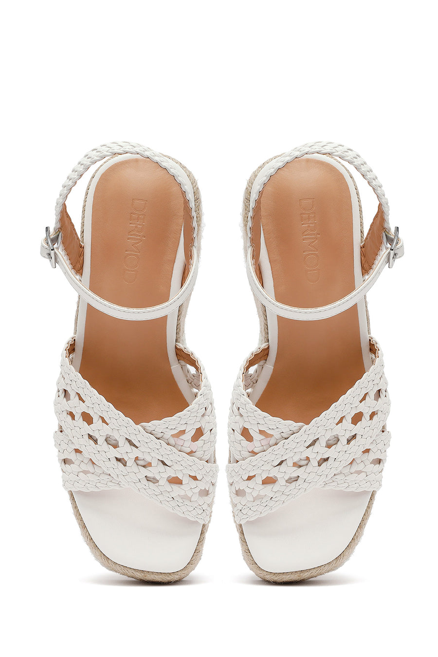 Women's White Ankle Buckle Wedge Heel Woven Sandals