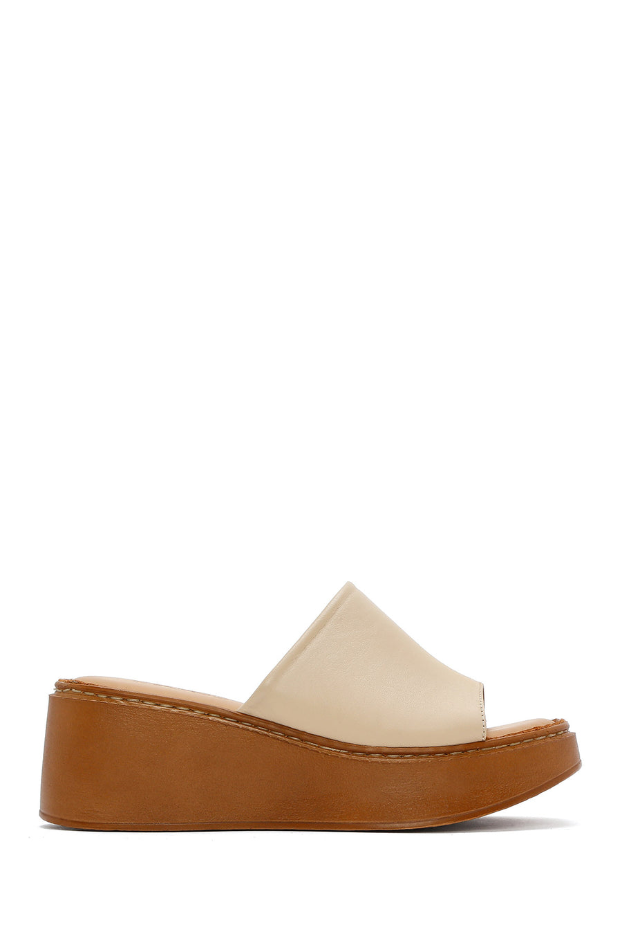 Women's Beige Thick Soled Leather Comfort Slippers 25SFD341414 | Derimod