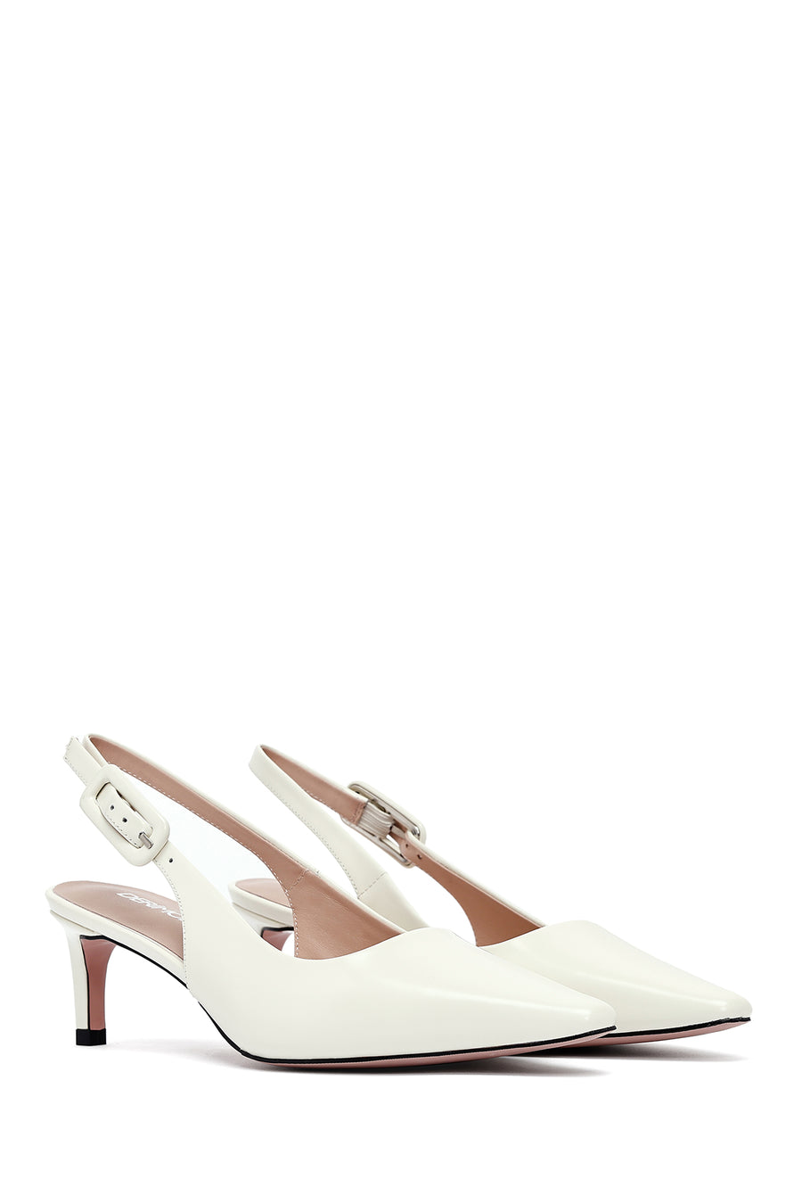 Women's Cream Slingback Low Thin Heel Leather Shoes