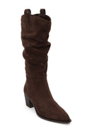 Woman Brown Zip Closure Chunky Heeled Suede Cowboy Boots | Derimod
