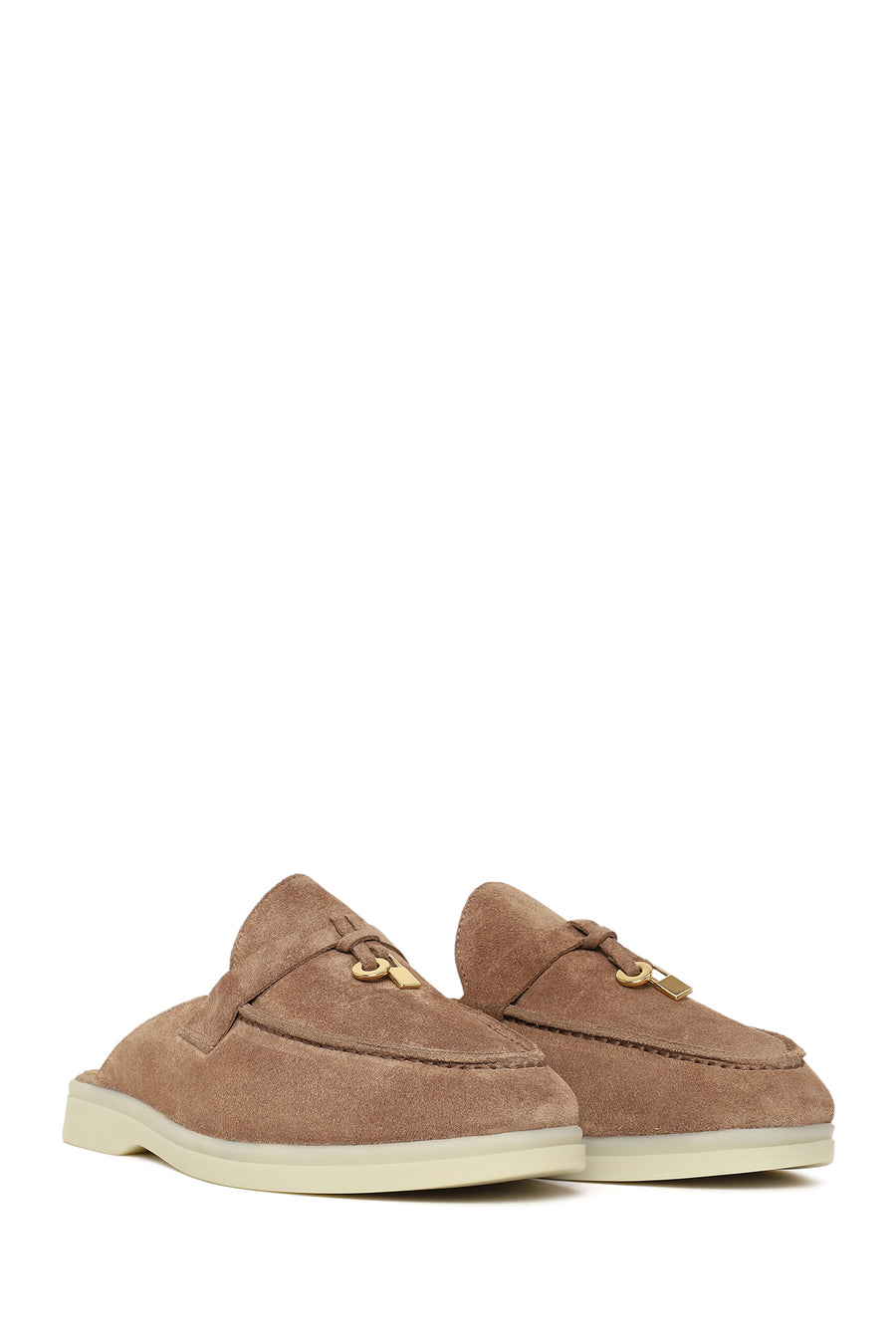 Women's Beige Buckle Suede Leather Slippers
