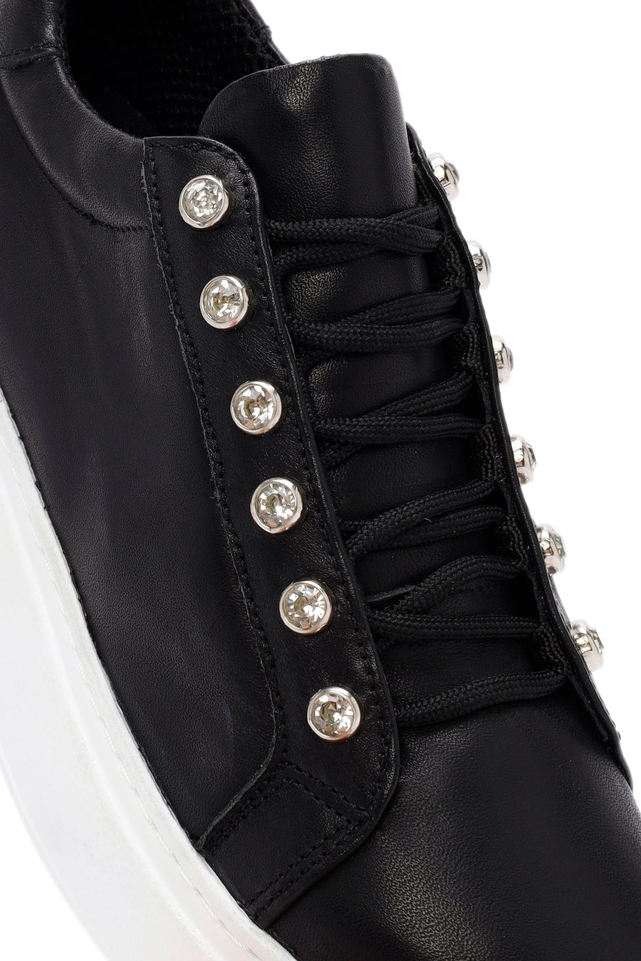 Women's Black Stone Laced Thick Soled Leather Sneakers
